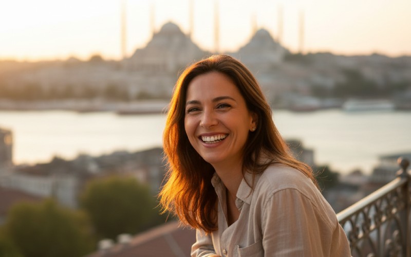 Person smiling on a balcony with an Istanbul view