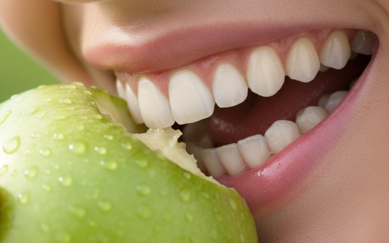 Healthy teeth biting a crisp apple