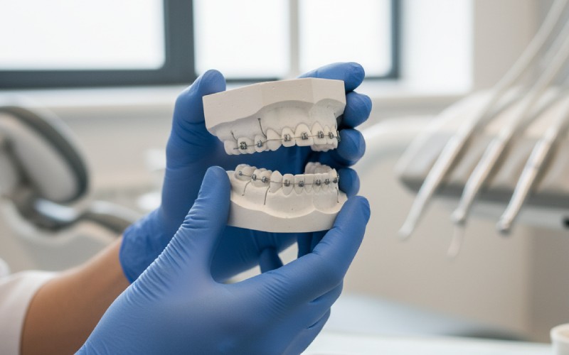 Orthodontist's hands holding a dental model