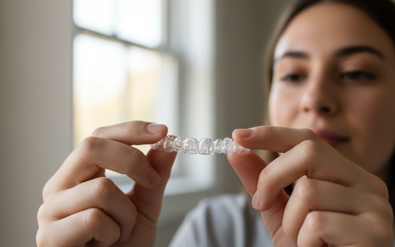 Person holding a clear dental aligner