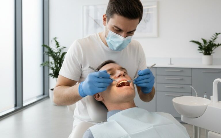 dentist checking stained teeth