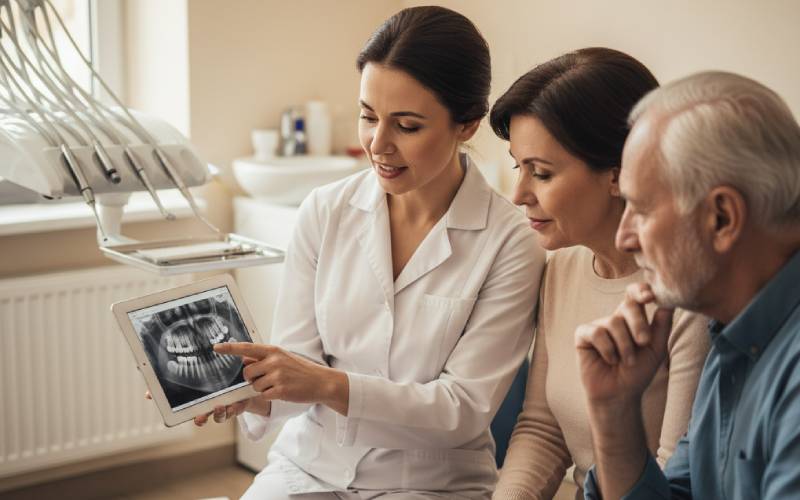 Dentist discussing care with patients