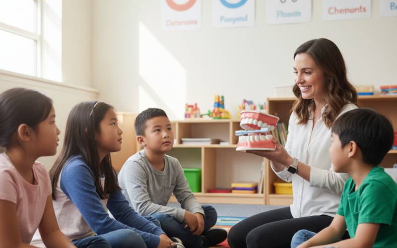 Dentist teaching children oral care